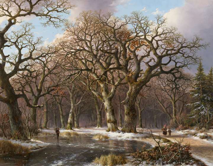 Winter landscape with figures on a path